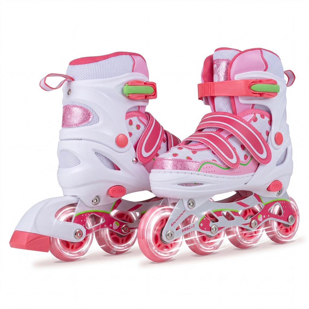Pattini in linea per bambina con 8 ruote illuminate e protezione di sicurezza a triplo strato, Pattini regolabili chiusura a strappo Rosa M
