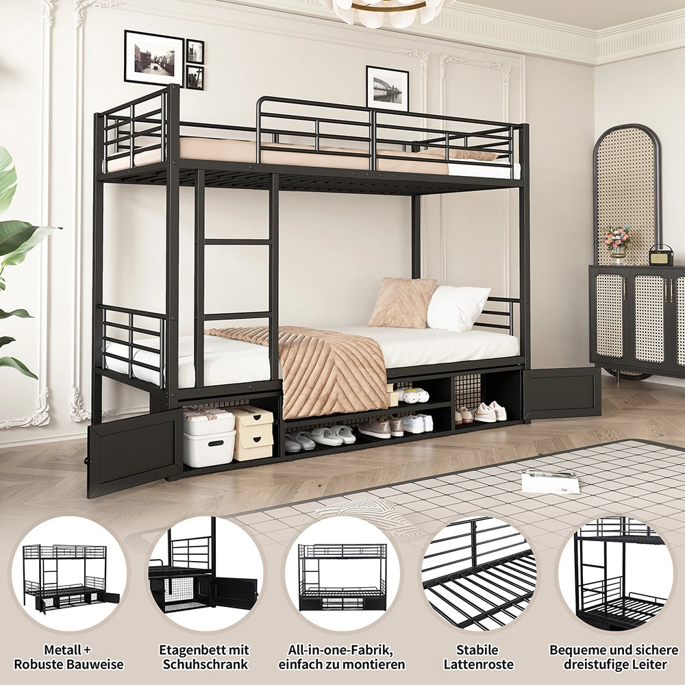 Letto a castello 90x200 - Xylo - Armadio aperto per scarpe, piccolo armadio di archiviazione a due ante, scala laterale con barriera antiscivolo, nero
