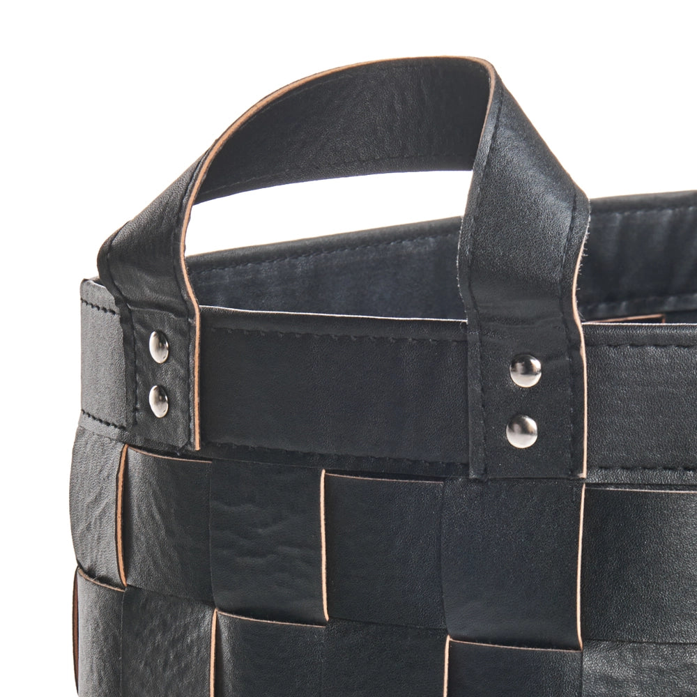 Set di 2 cesti fatti a mano in ecopelle nero con manici design retrò