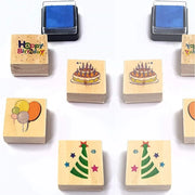 Trade Shop - Set 4 Pezzi Timbri Effetto Legno Quadrato Happy Birthday Timbro Timbrini -