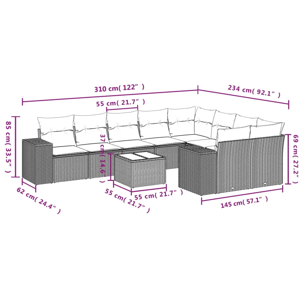 Set Divano da Giardino 10 pz con Cuscini Beige in Polyrattan 3255385