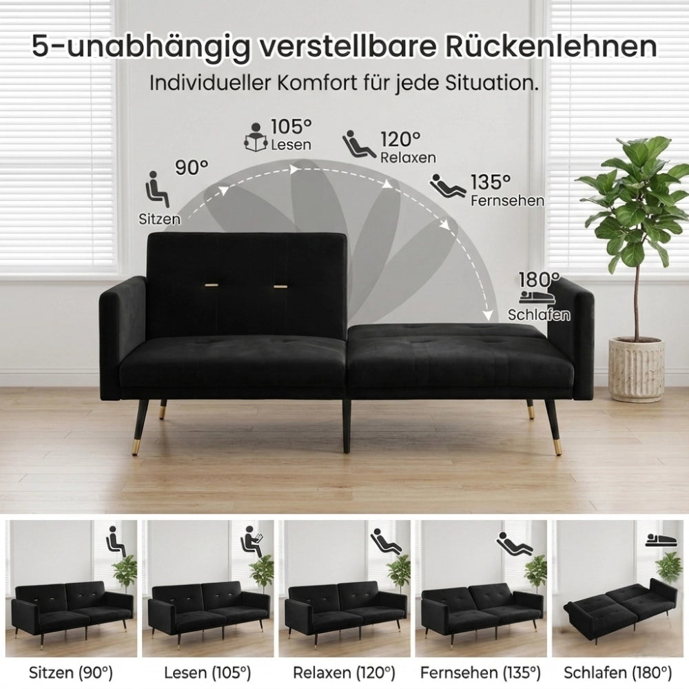 Divano letto 2 posti convertibile con schienali regolabili indipendenti in 5 posizioni velluto nero 164 × 89 × 70 cm