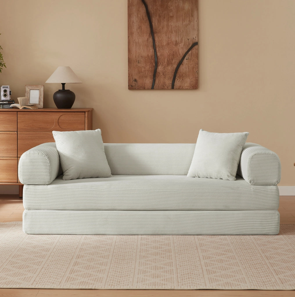 Divano letto singolo beige in schiuma; pieghevole senza montaggio