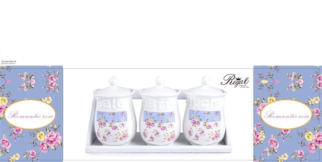 Set Tris Barattoli da Cucina Sale Zucchero Caffè in Ceramica Romantic Rose + Mensola
