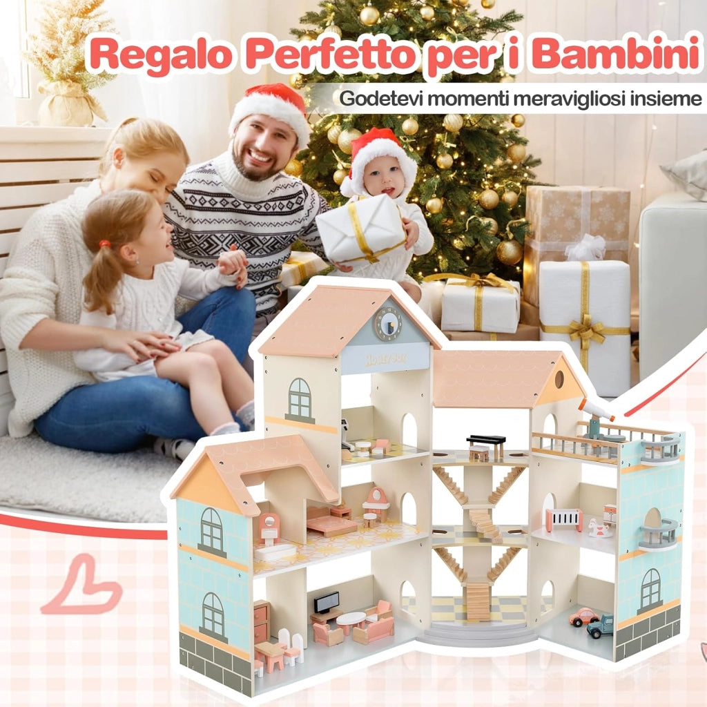 Casa delle Bambole in Legno, Casetta delle Bambole a 3 Piani con 41 Mobili e Accessori, Giocattolo per Bambini 3+ Anni,107 x 82,5 x 94,5 cm (Arancione)