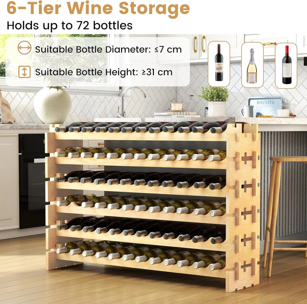 Portabottiglie in legno impilabile, scaffale per bottiglie per 72 bottiglie, portabottiglie con 6 livelli, supporto per bottiglie modulare per cucina e bar, scaffale in legno 120 x 29 x 79 cm