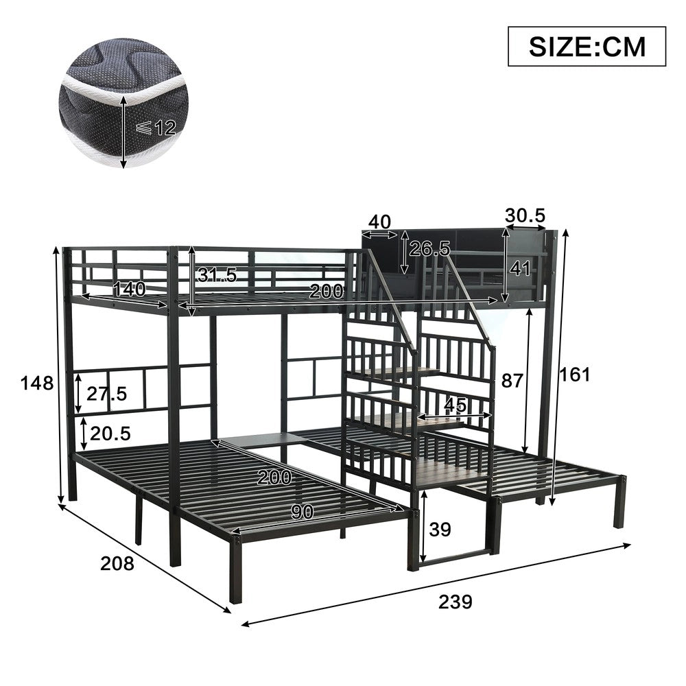 Letto a Castello 3 Posti con Scala e Contenitore ¨C Xylo ¨C Metallo Nero 90x200 e 140x200