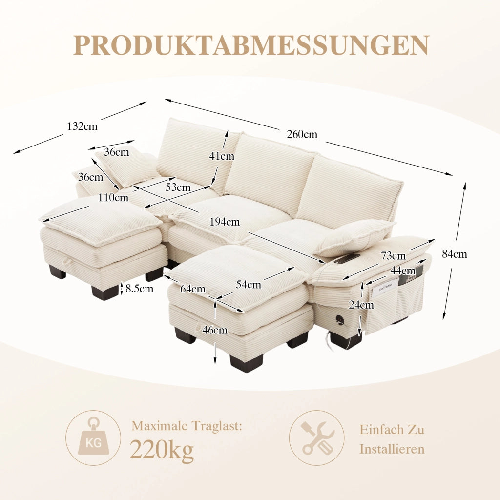 DIVANO Modulare 3 posti 260x132x84 cm in Corduroy Beige con 2 Pouf