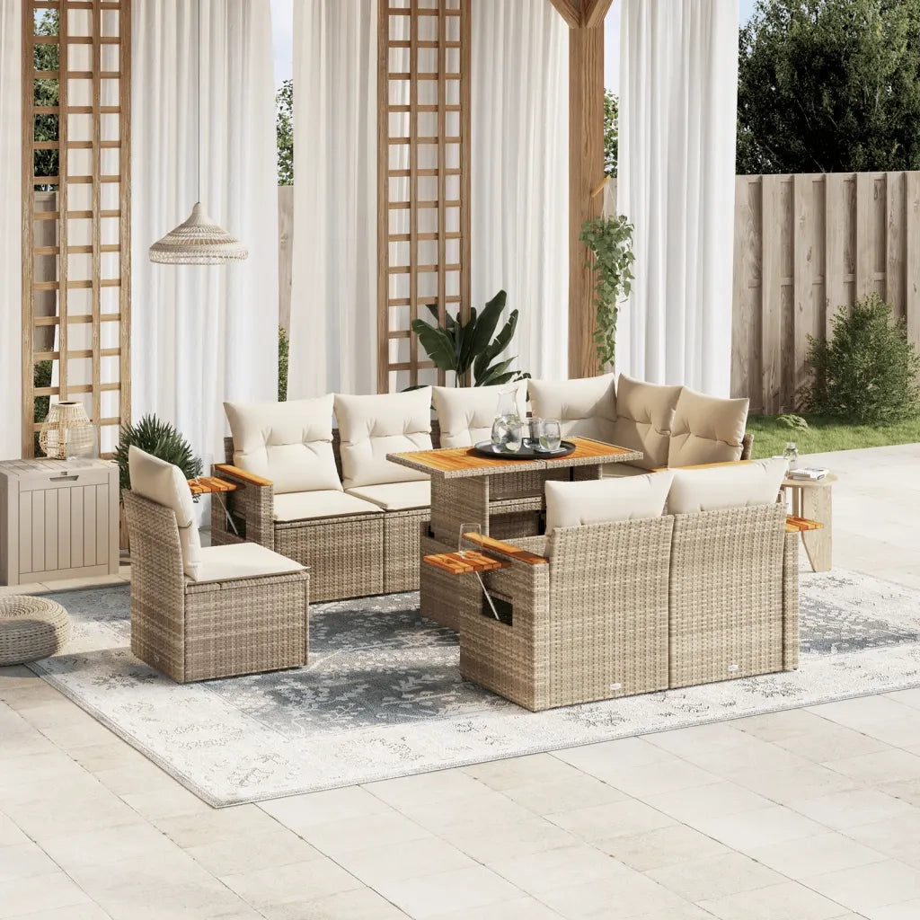 Set Divano da Giardino 9 pz con Cuscini Beige in Polyrattan