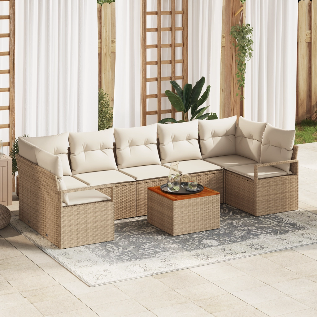 Set divano da giardino 8 pezzi con cuscini beige in polyrattan acacia
