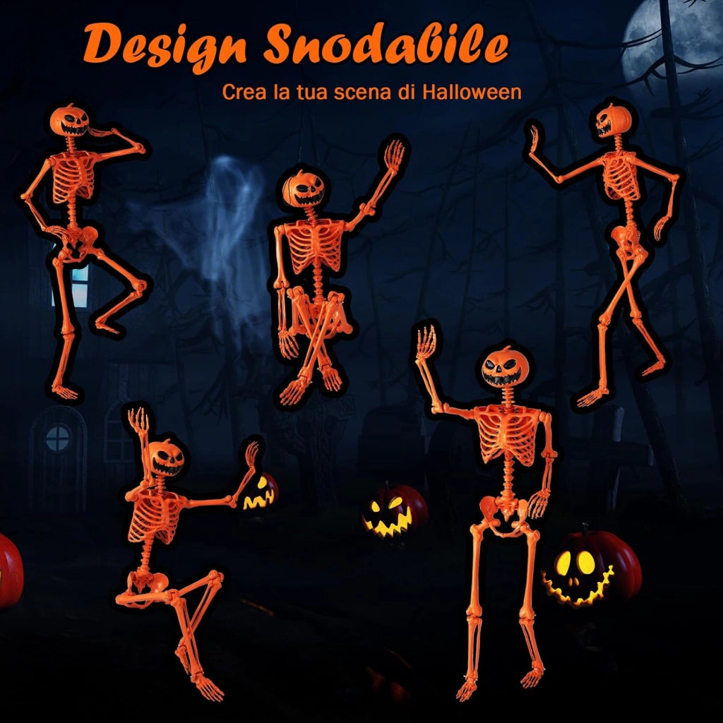 COSTWAY Scheletro di Halloween Arancione 158 CM, Scheletro a Grandezza Naturale con Testa di Zucca e Articolazioni Mobili per Decorazioni da Interno ed Esterno, Casa Infestata e Festa