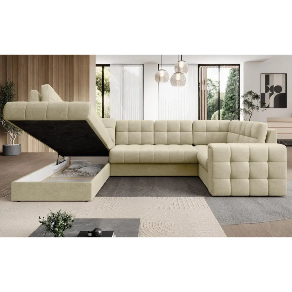 Divano angolare convertibile MONTEZA beige sinistro 299 cm con contenitore e letto