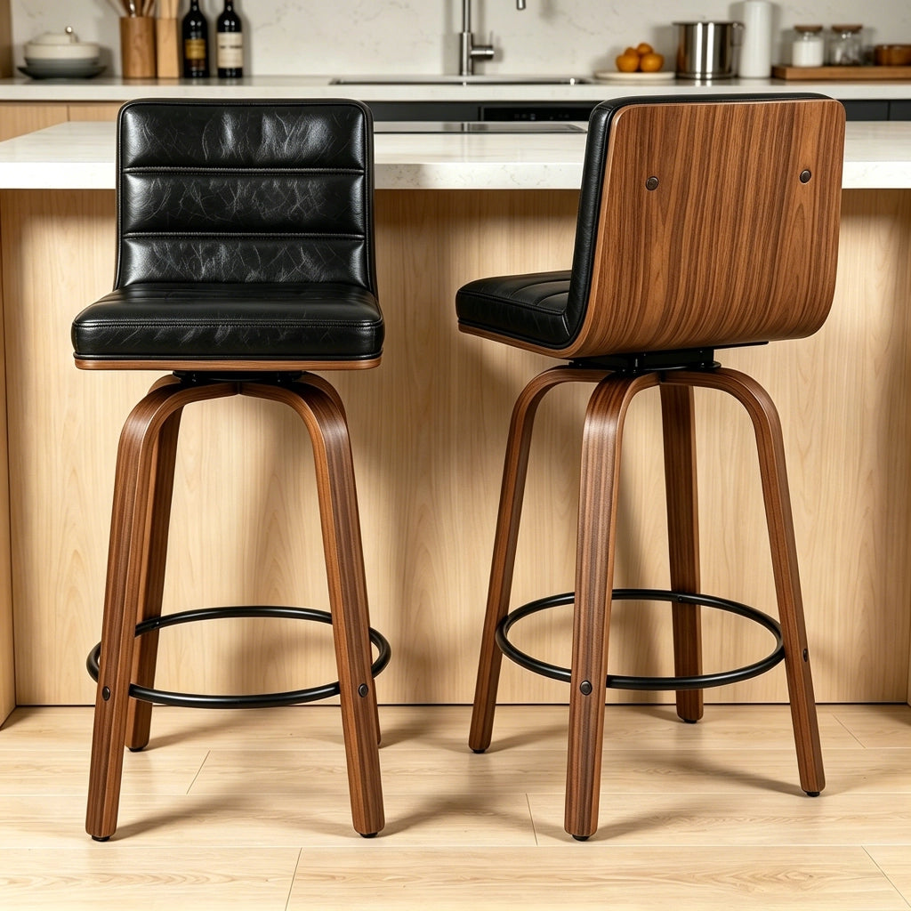 SGABELLO DA BAR in PU Nero con gambe in legno di faggio