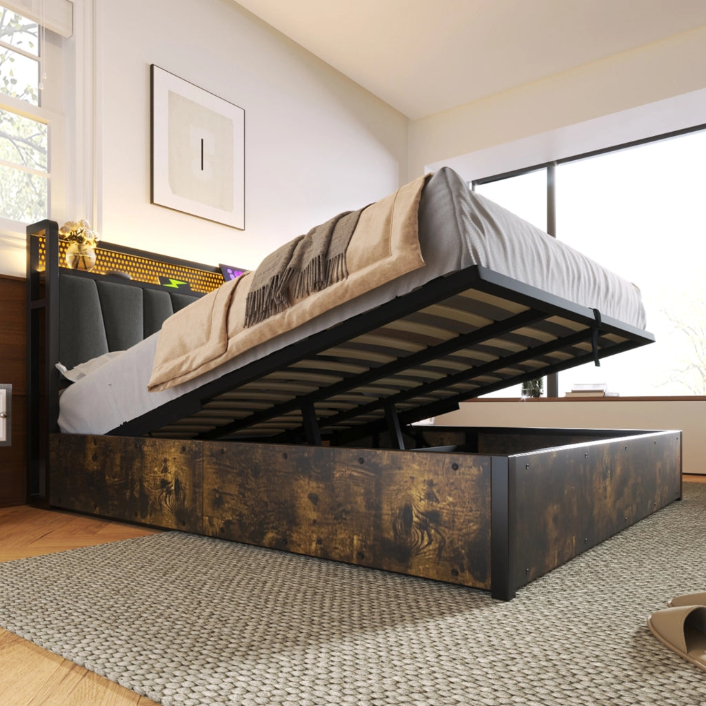 Letto matrimoniale in metallo con LED RGBW, USB e contenitore