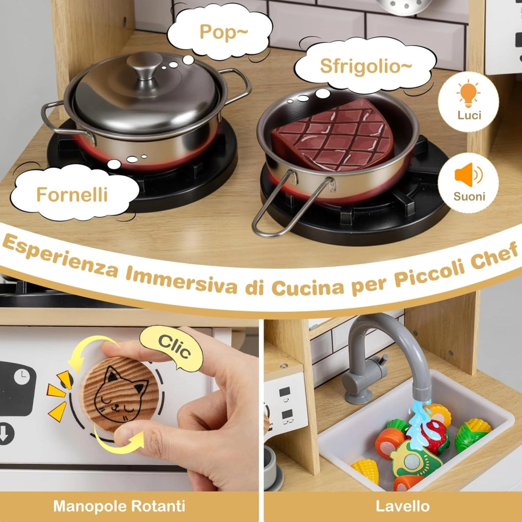 Cucina Giocattolo per Bambini, Cucinetta in Legno con Suoni e Luci, Fornello, Lavandino, Macchina del Caffè, Gioco Cucina di Ruolo per Bambini 3+ Anni (Naturale)