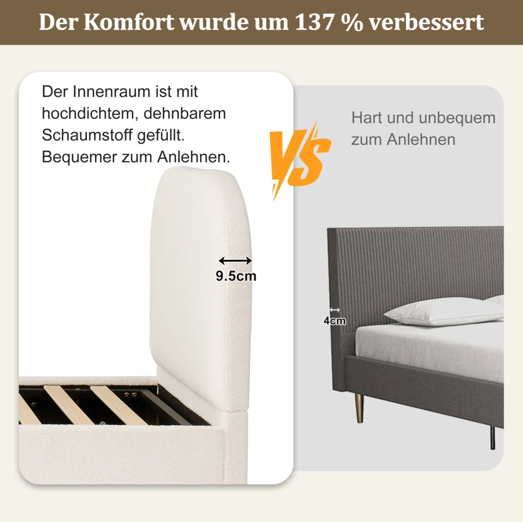 Letto imbottito con contenitore idraulico e rete a doghe inclusa in bouclé beige