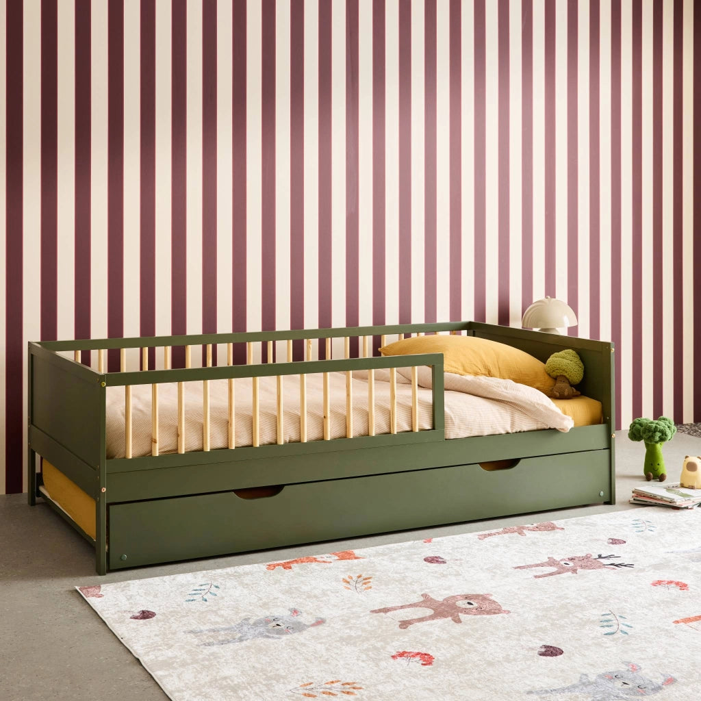 Letto a nido per bambini in pino naturale con rete a doghe e cassetto,