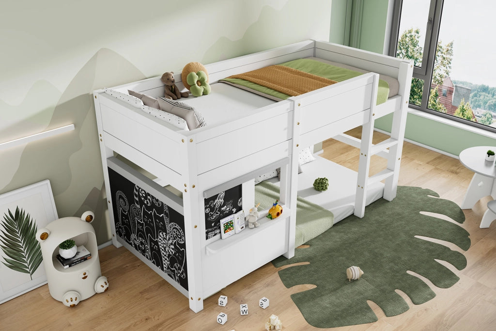 Letto a casetta per bambini 90 × 200 cm con lavagna e scaffale, senza materasso, in legno, bianco