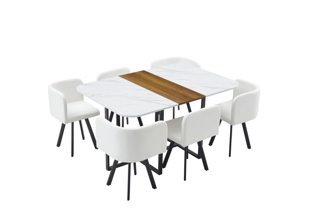 Set tavolo da pranzo allungabile con 4 sedie, piano bianco e struttura nera, da 4 a 6 posti