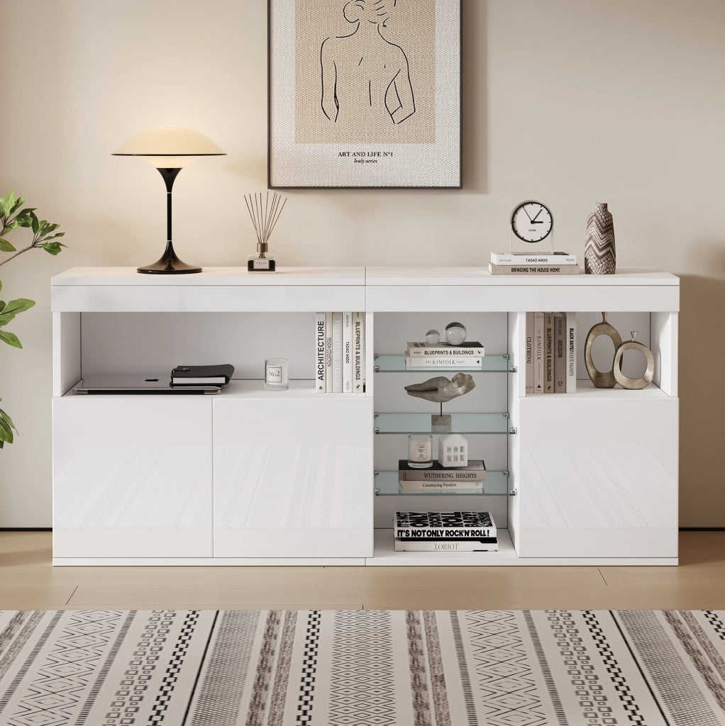Credenza 155.5x35x72 cm con LED controllabile tramite app in truciolare e vetro bianco