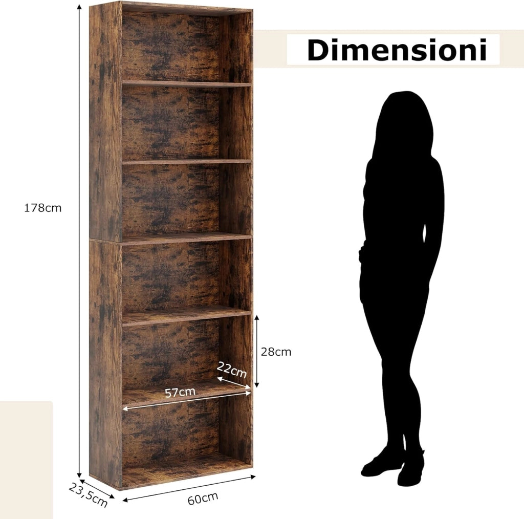Libreria a 6 Ripiani, Organizzatore per Libri da Terra con 2 Kit Antiribaltamento, Scaffale Moderno per Esposizione per Soggiorno Camera Studio, 60 x 23,5 x 178 cm (Marrone)