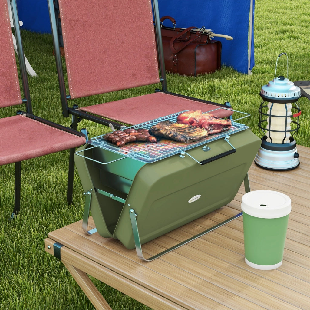 Barbecue a carbone da tavolo con vassoio per il carbone, griglia e maniglia per picnic e uso in giardino, acciaio inossidabile, verde