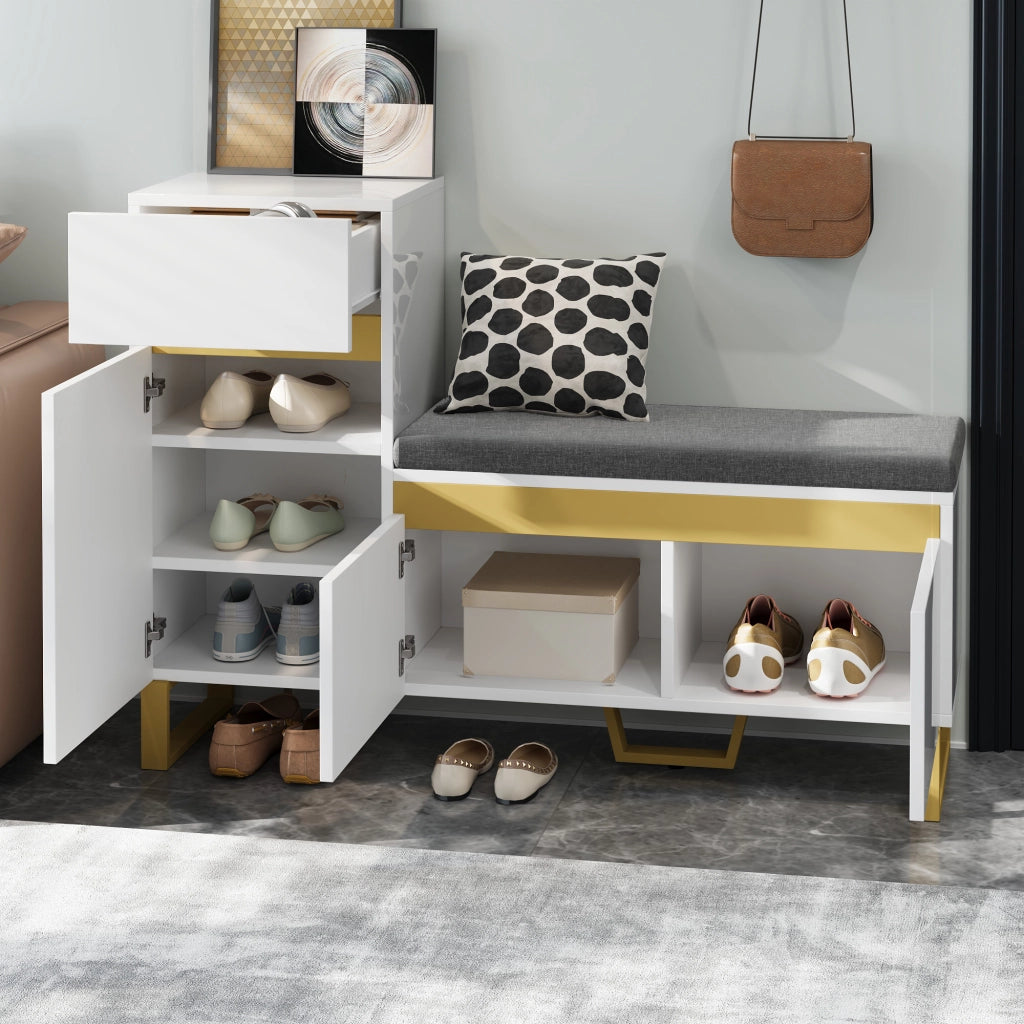 SCARPIERA con panca 120x35x85 cm Bianco Lucido e Oro