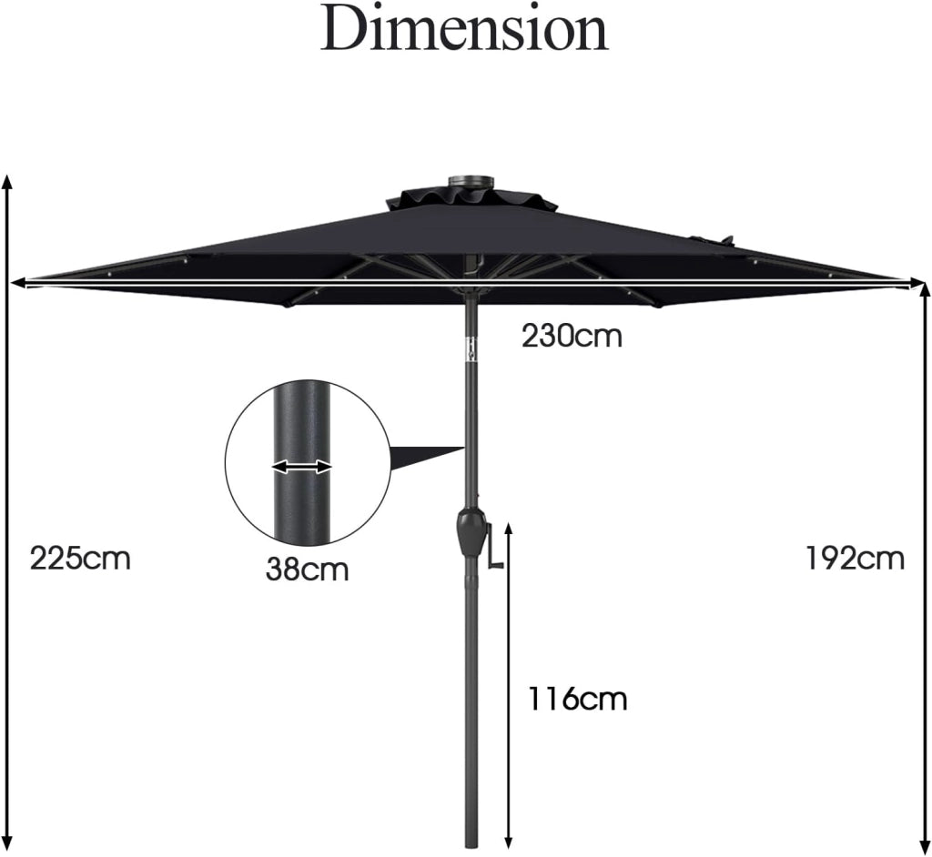 Ombrellone da Giardino con LED 230 cm, Ombrellone da Spiaggia Inclinabile e Portatile, con 6 Aste e Manovella in Metallo, Anti UV, da Esterno per Patio, Piscina, Mercato, Terrazzo
