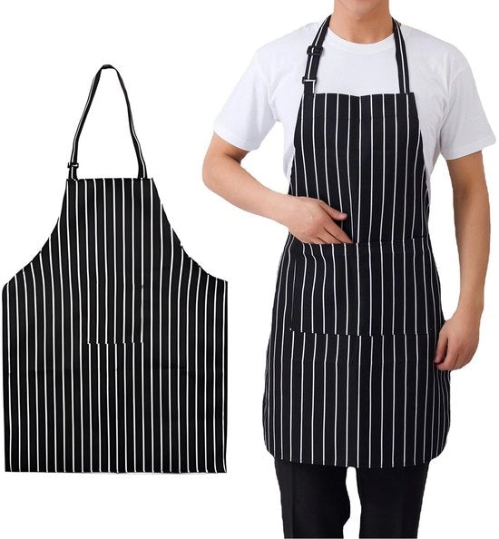 Cucina in tessuto poliestere duraturo a strisce nero-bianche, con tasca, adattabile, in due pezzi, nero e bianco.