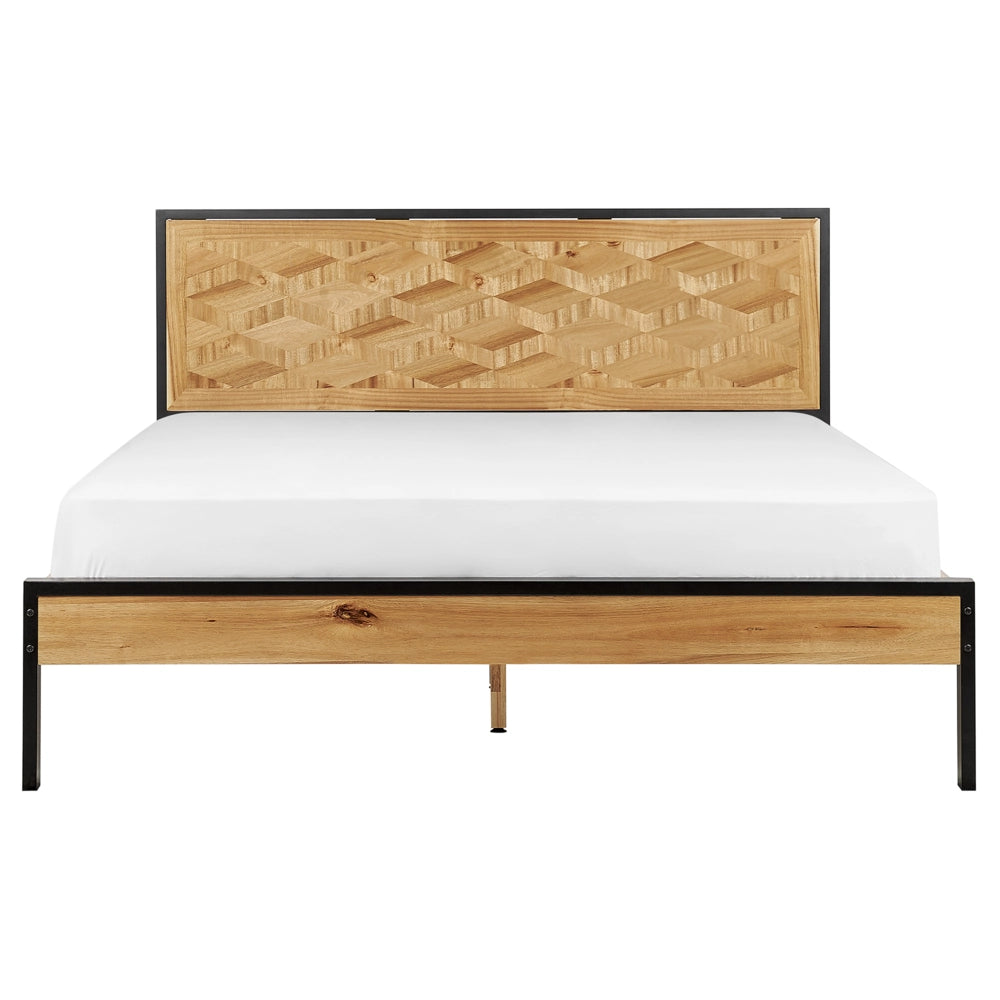 Letto 160 x 200 cm in acacia naturale con testiera a doghe e gambe in metallo nero