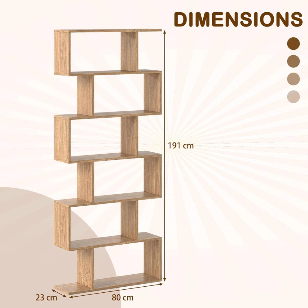 Libreria Scaffale a 6 Ripaini, a Forma di S, Portata di 120 kg, Scaffale Portaoggetti con 6 Cubi, Moderna e Salvaspazio, Arredo per Ufficio, Soggiorno, Biblioteca, 80x23x191 cm (Naturale)