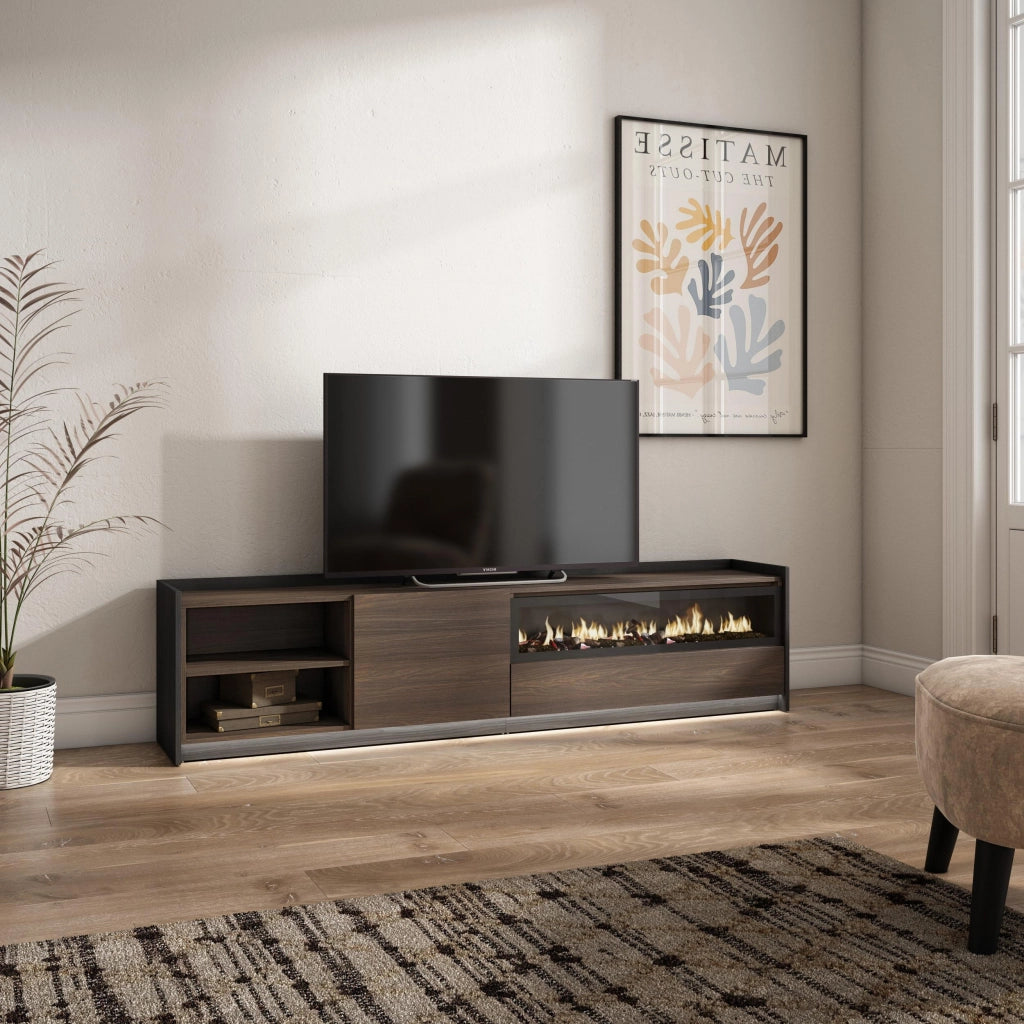 Mobile TV Soggiorno, 207x50x37 cm, Per TV fino a 80", Camino elettrico, LED, Rovere scuro e Nero