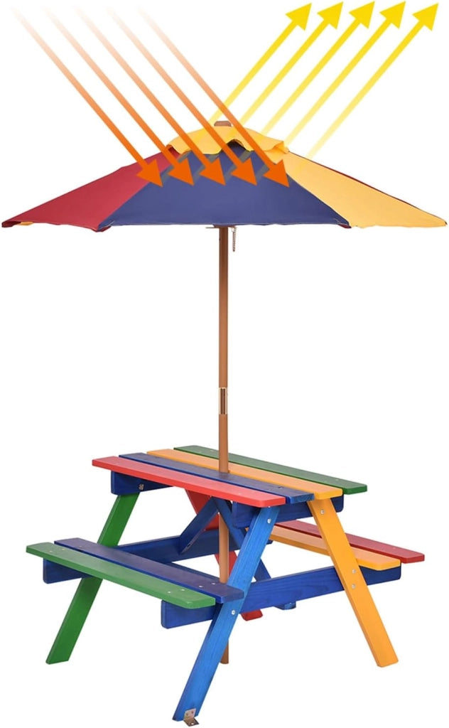 Set con Tavolo Picnic di Legno e Ombrellone per Bambini, Tavolo e Panchina con 4 Posti e Ombrellone Pieghevoli, Tavolo e Sedie Multiuso per Esterno Giardino Cortile (Modello 5)