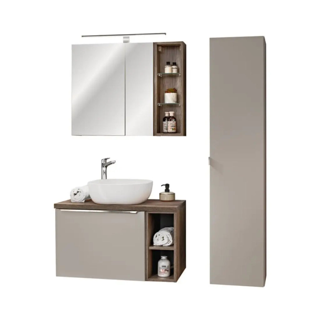 Insieme VANTA taupe: mobili sotto lavabo 80cm + lavabo da appoggio + mobili di stoccaggio + specchi + LED
