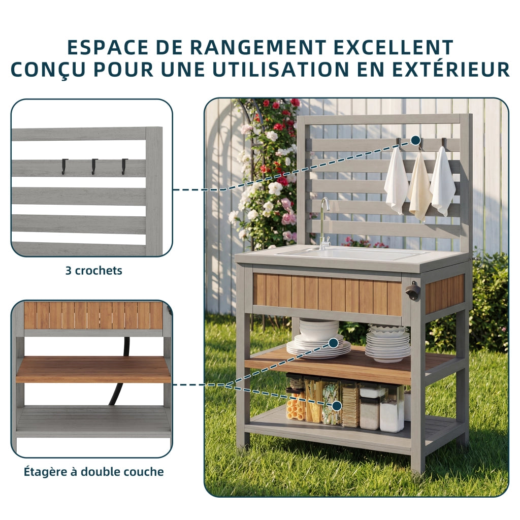Armadio da Giardino con Lavello e Rubinetto; Apribottiglie Integrato; Ripiani e Ganci; in Legno Massello Naturale 80 x 51 x 148;5 cm