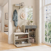Set mobili da ingresso con specchio, panca imbottita, ripiani, appendiabiti e scarpiera in MDF Beige Crema