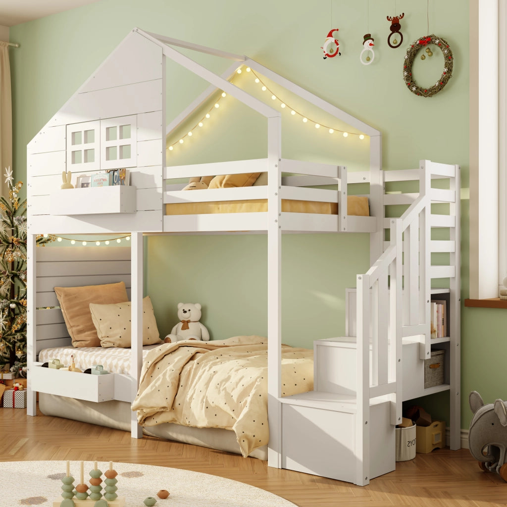 OKWISH Letto a Castello 90×200 cm, Letto Singolo con Scala Contenitore, Spondina e Finestra, senza Materasso, in Pino, Bianco