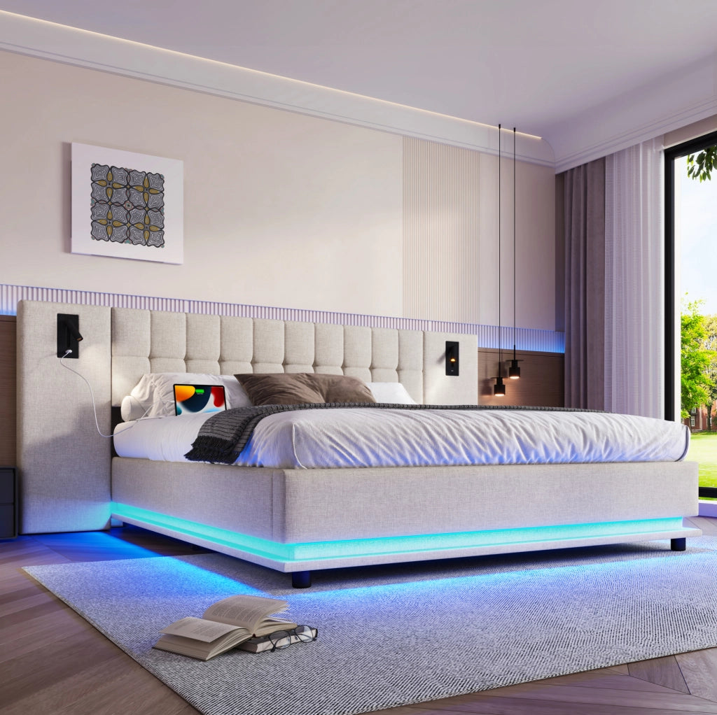 Letto imbottito 180x200 cm con LED; spot e USB in lino beige