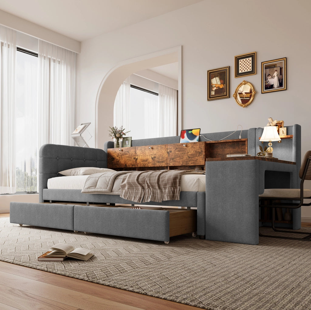 Letto singolo 90x200 cm grigio con scrivania, USB-C e cassetti