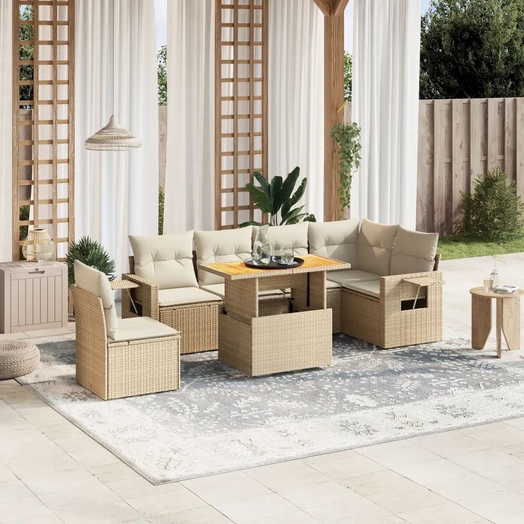 Set Divani da Giardino 7 pz con Cuscini Beige in Polyrattan