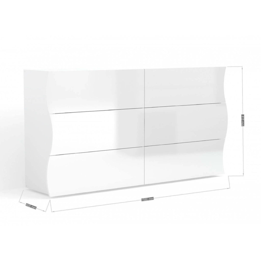 ComÒ² Aton, Made in Italy, Mobiletto per Soggiorno e Camera, Credenza 6 cassetti, Bianco lucido, cm 155x40h82