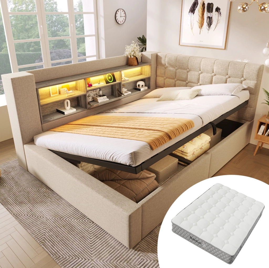Letto matrimoniale 140x200 cm con LED; contenitore idraulico; testiera L in lino beige con materasso