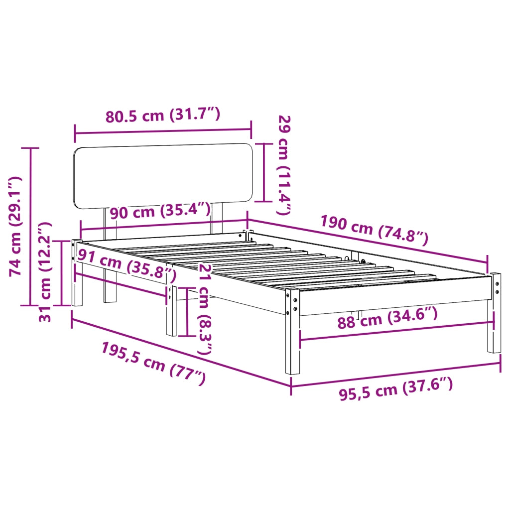 Struttura letto con testata marrone cerata 90x190 cm in legno massello di pino
