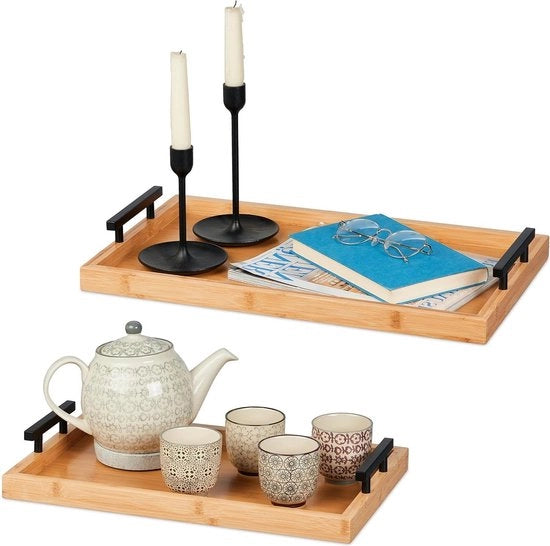Set di tavola in bambù da 2 - 7x50x30 cm & 7x43x26 cm - maniglie - bordo alto - tavola da servire - rettangolare - naturale