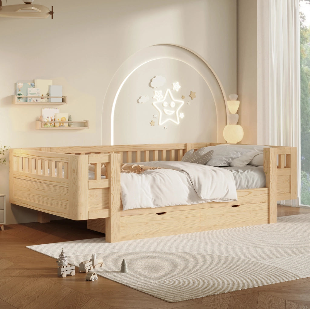 Letto singolo 90x200 in pino con sponde e 2 cassetti