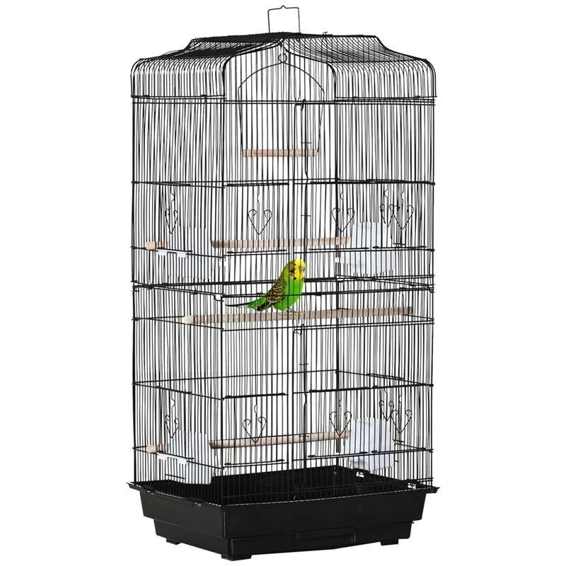 GABBIA PER UCCELLI IN METALLO E PLASTICA CON TRESPOLI, ALTALENA E CIOTOLE, 46.5X35.5X92 CM, NERO