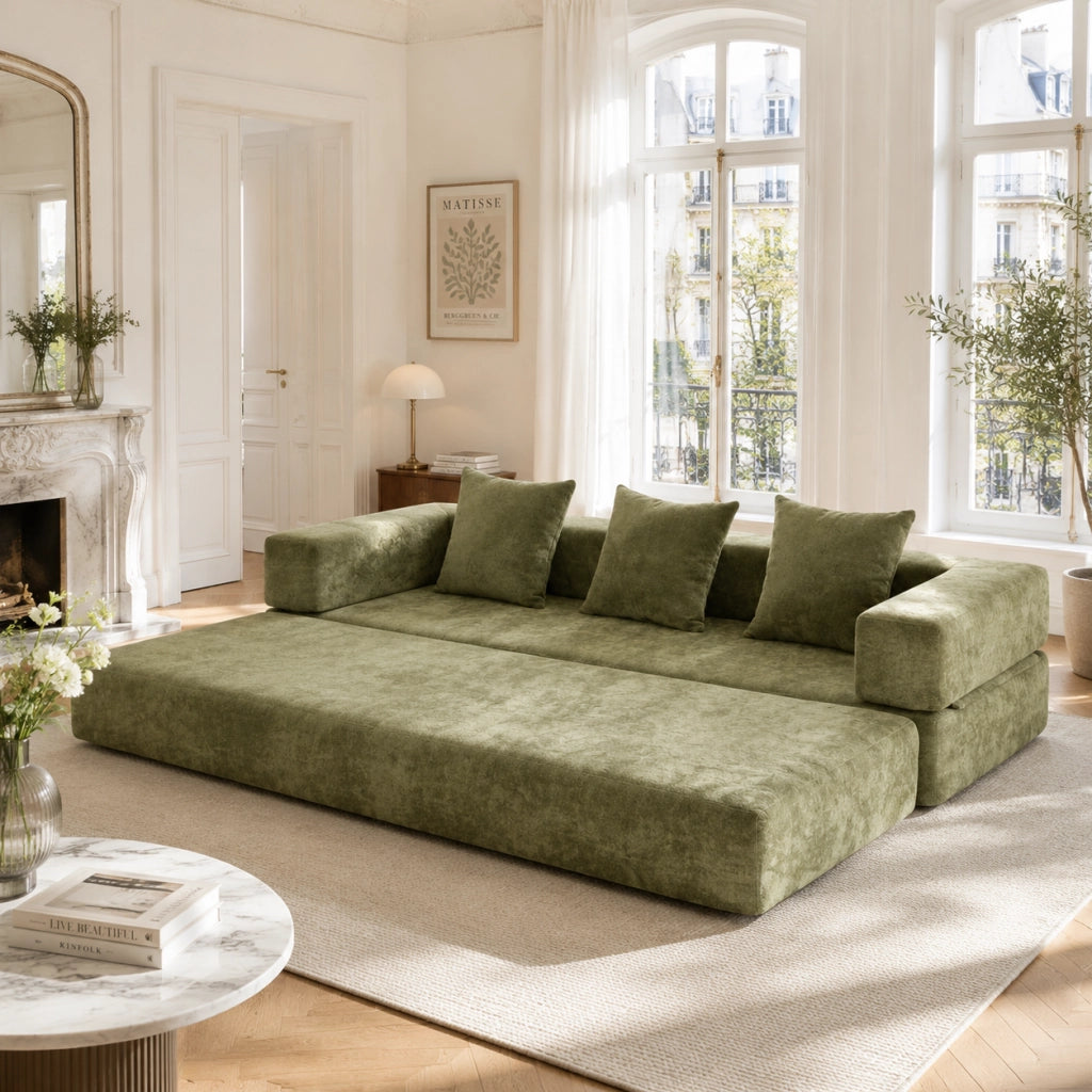 Divano modulare in ciniglia verde con tasche laterali e base antiscivolo 198 × 79 × 60 cm