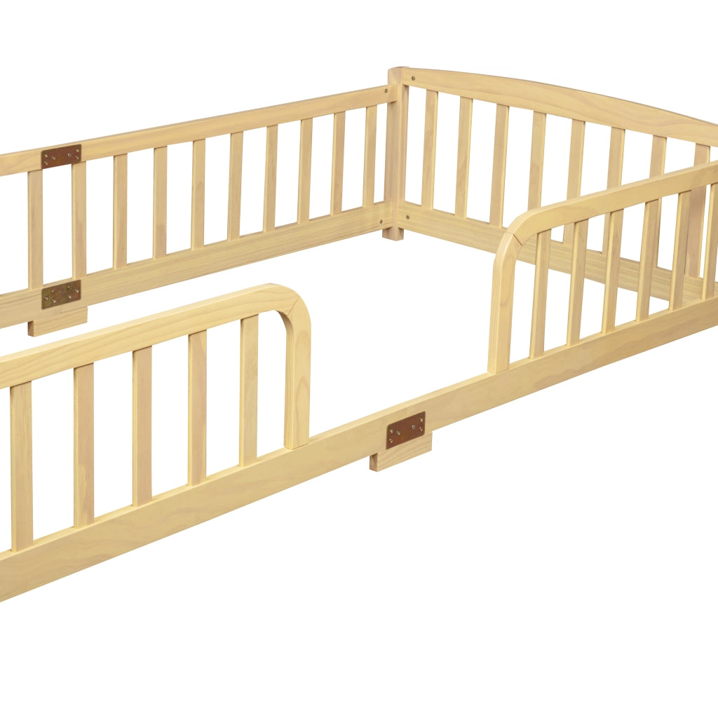 Letto per bambini 90 × 200 cm con barriere di sicurezza e apertura centrale, senza materasso, in pino, naturale