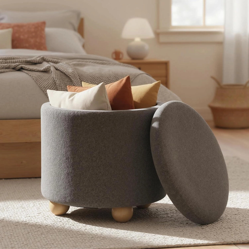 Pouf Contenitore 35 L, Ottomano in Tessuto Ciniglia con Coperchio Rimovibile, Sgabello con Gambe in Legno di Gomma, Portata 150 kg, per Soggiorno e Camera da Letto (Grigio)