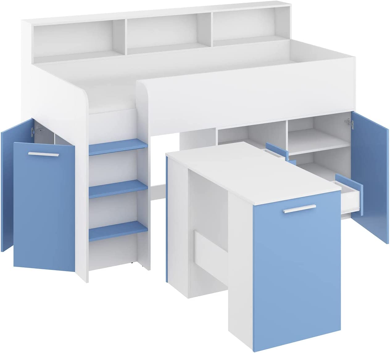 LETTO A CASTELLO SCRIVANIA LIBRERIA BAMBINI NEO L cm206x120x138h BIANCO CELESTE